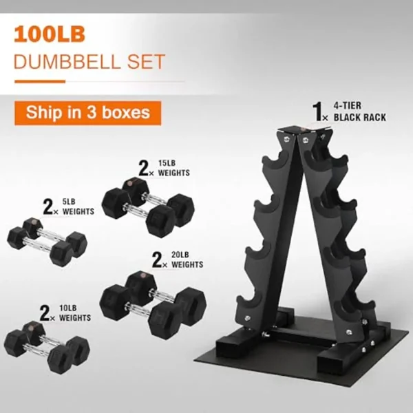 Rubber Coated Hex Dumbbell Set with Storage Rack